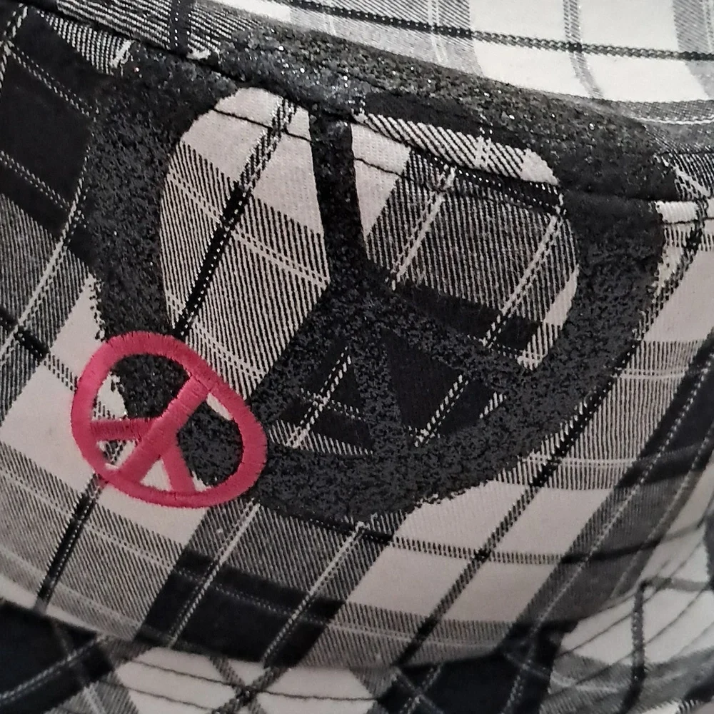 Justice Girls One Size Plaid Bucket Hat with Embroidered and Glitter Peace Sign